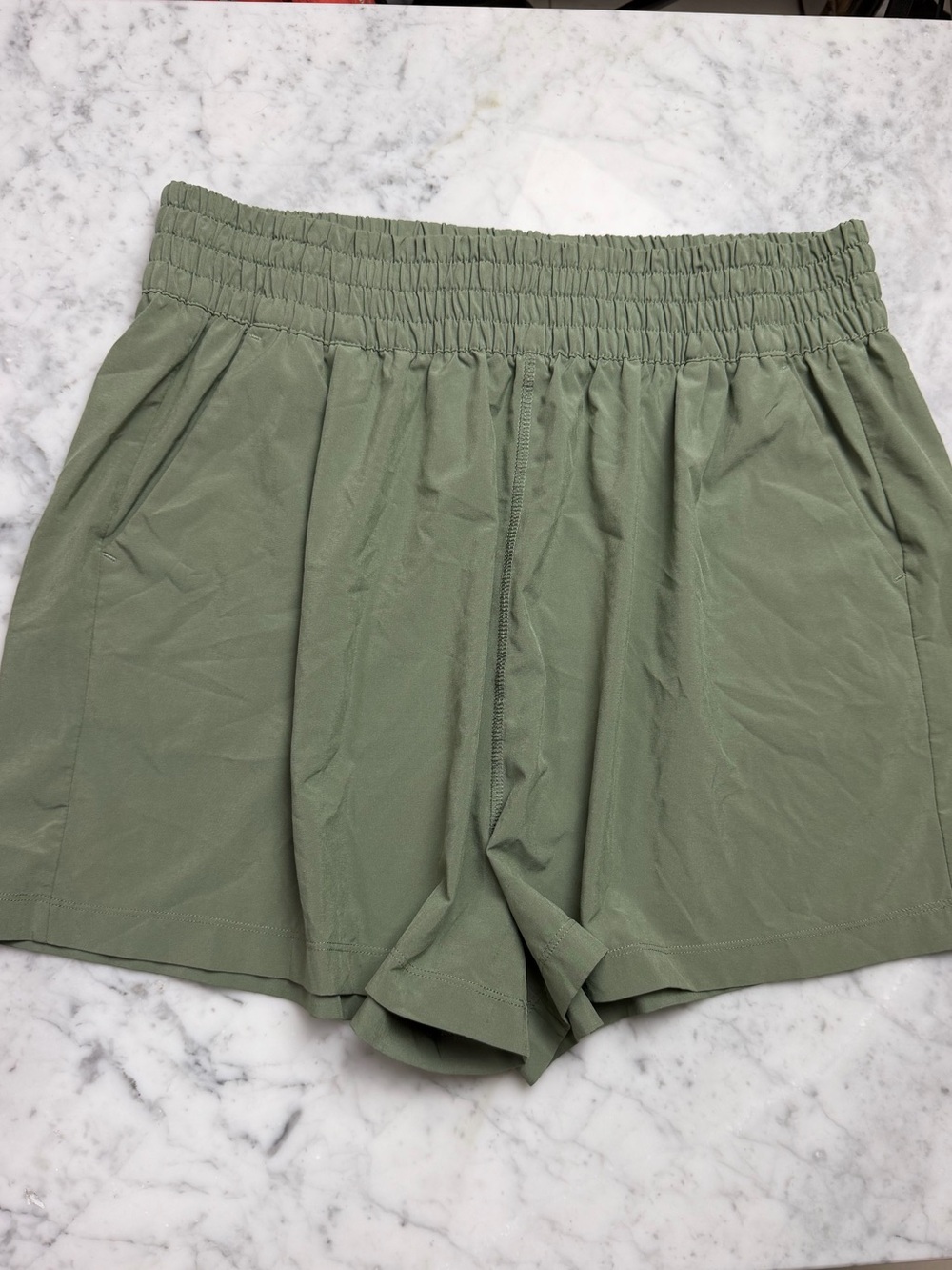 Vuori Olive Green Smocked-Waist Athletic Shorts